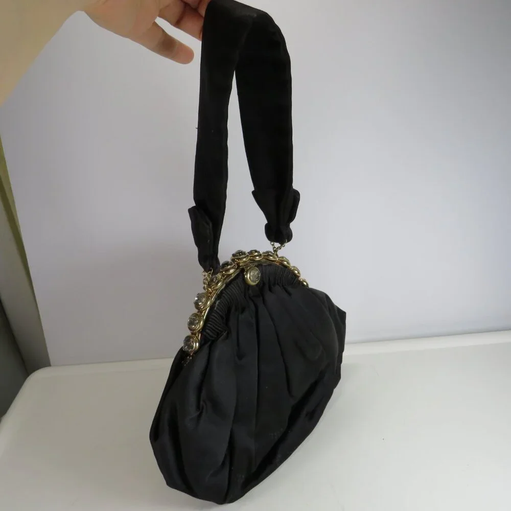 Vintage 1950s Black Satin Pouf Bag with Jeweled Frame Evening Bag Formal Costume